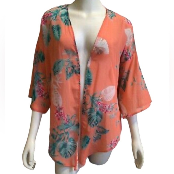 Peach Love California Tops - Kimono Coral Peach Tropical Floral Blouse Cardigan Coverup Top Front Tie